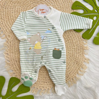  Macacão Trape Zape - Ursinhos com Abelhas - Off White com Listras Verde